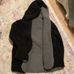 Reversible hooded sherpa coat